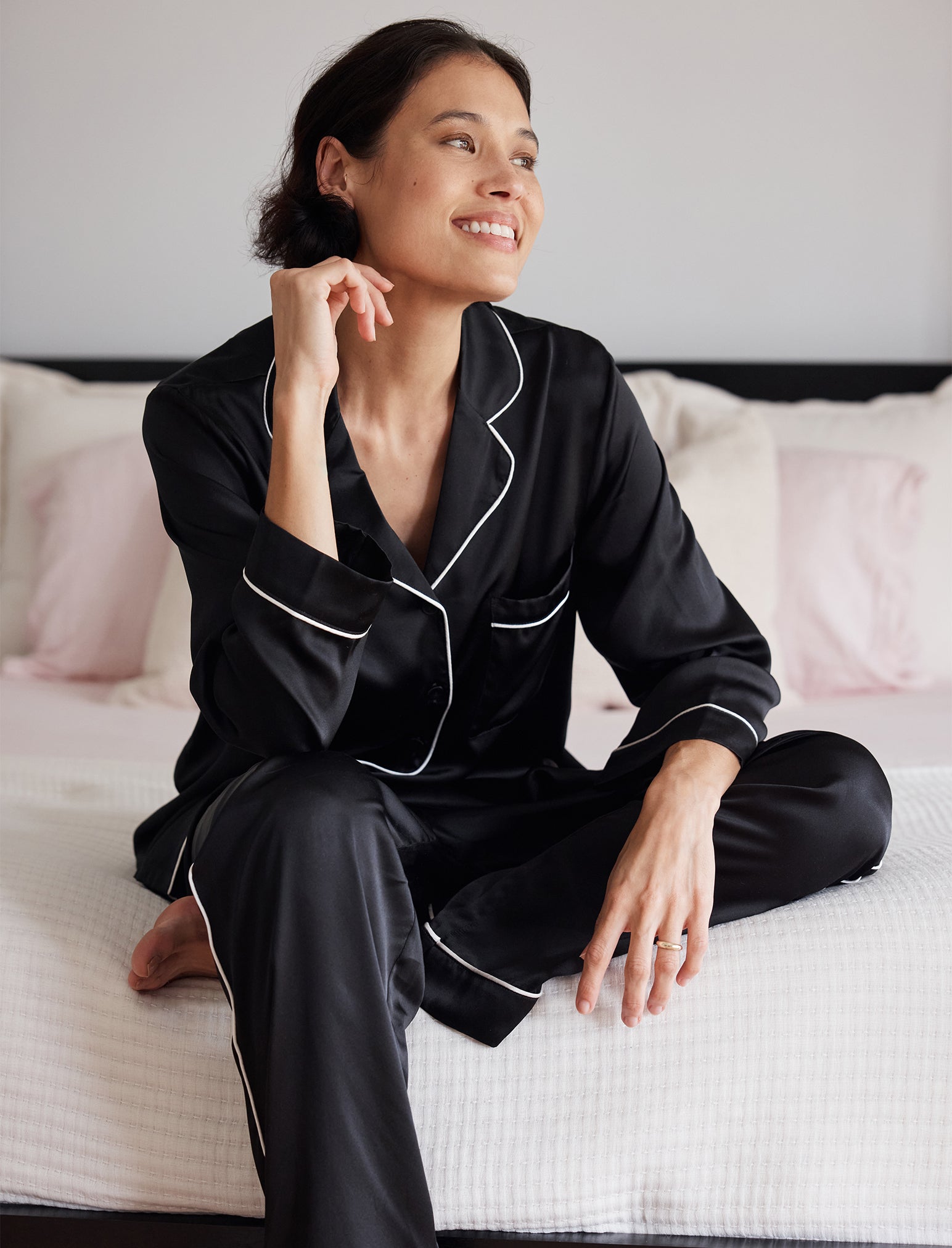 Sylvie Silk Piped Full Length PJ Set