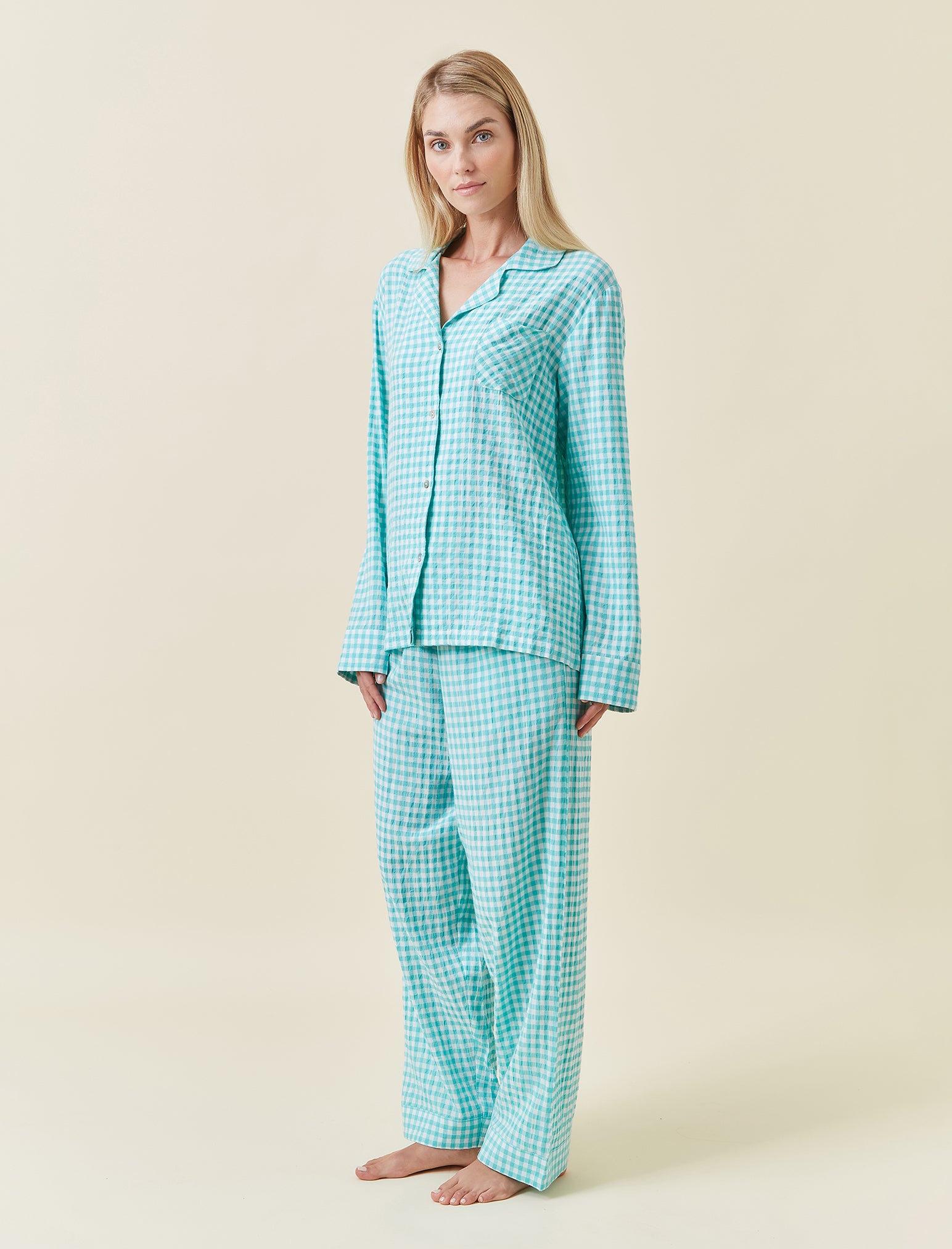 Seersucker Gingham Full Length PJ Set