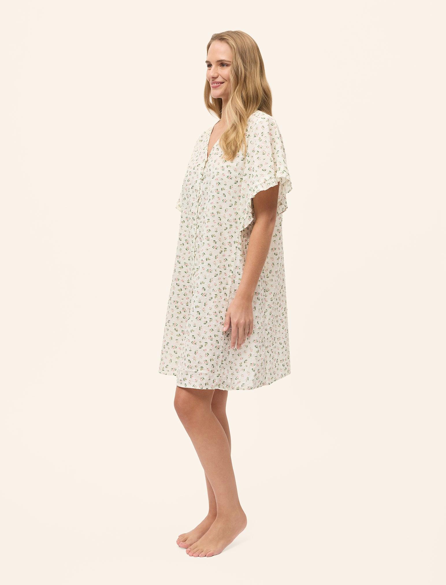 Swiss Dot Short Sleeve Frill Midi Nightgown