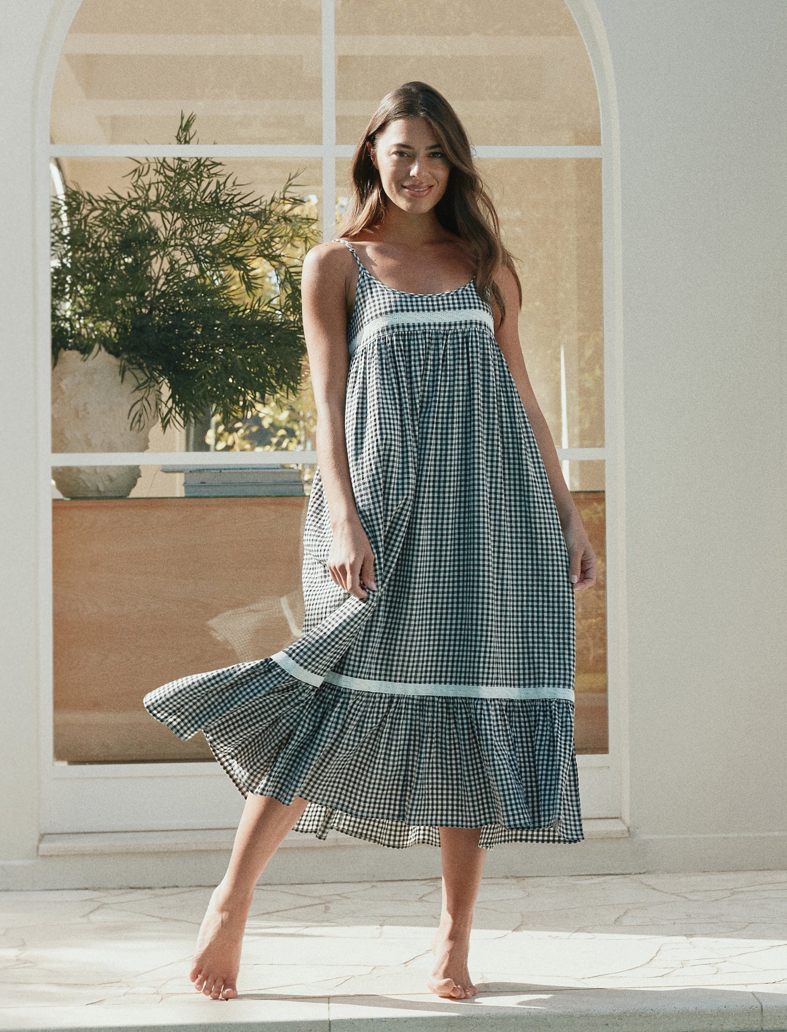 Seersucker Lace Insert Maxi Nightgown