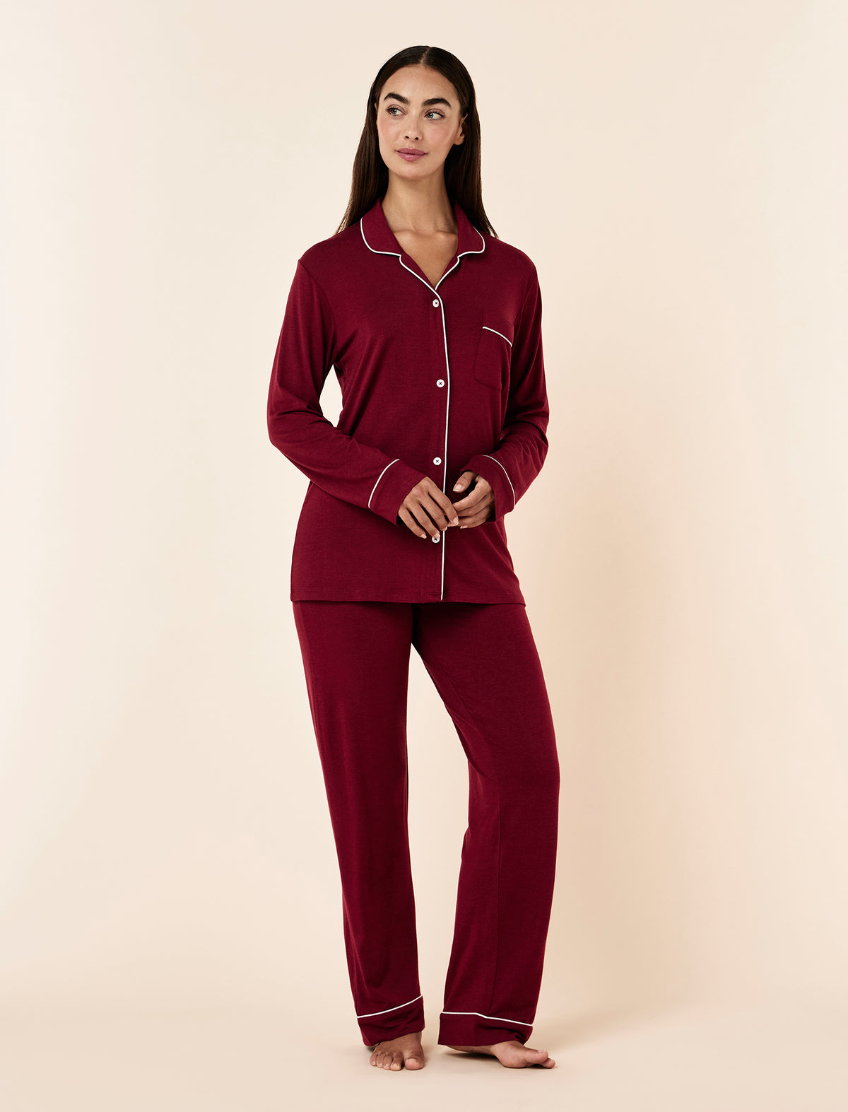 Tash wearing the Kate Modal Soft Full Length PJ Set
[model: Tash wears size S |  Height: 173m
/ 5’8” | Bust: 81cm | Waist: 66cm| Hips: 94cm]