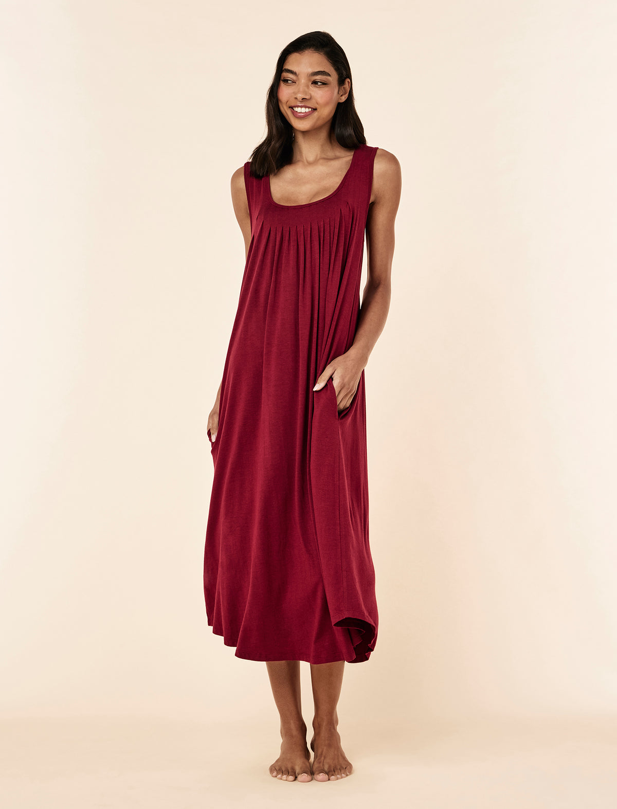 Cece wearing the Kate Modal Soft Pleat Front Maxi Nightgown
[model: Cece wears size S |  Height: 178cm
/ 5’10” | Bust: 76cm | Waist: 61cm | Hips: 89cm]