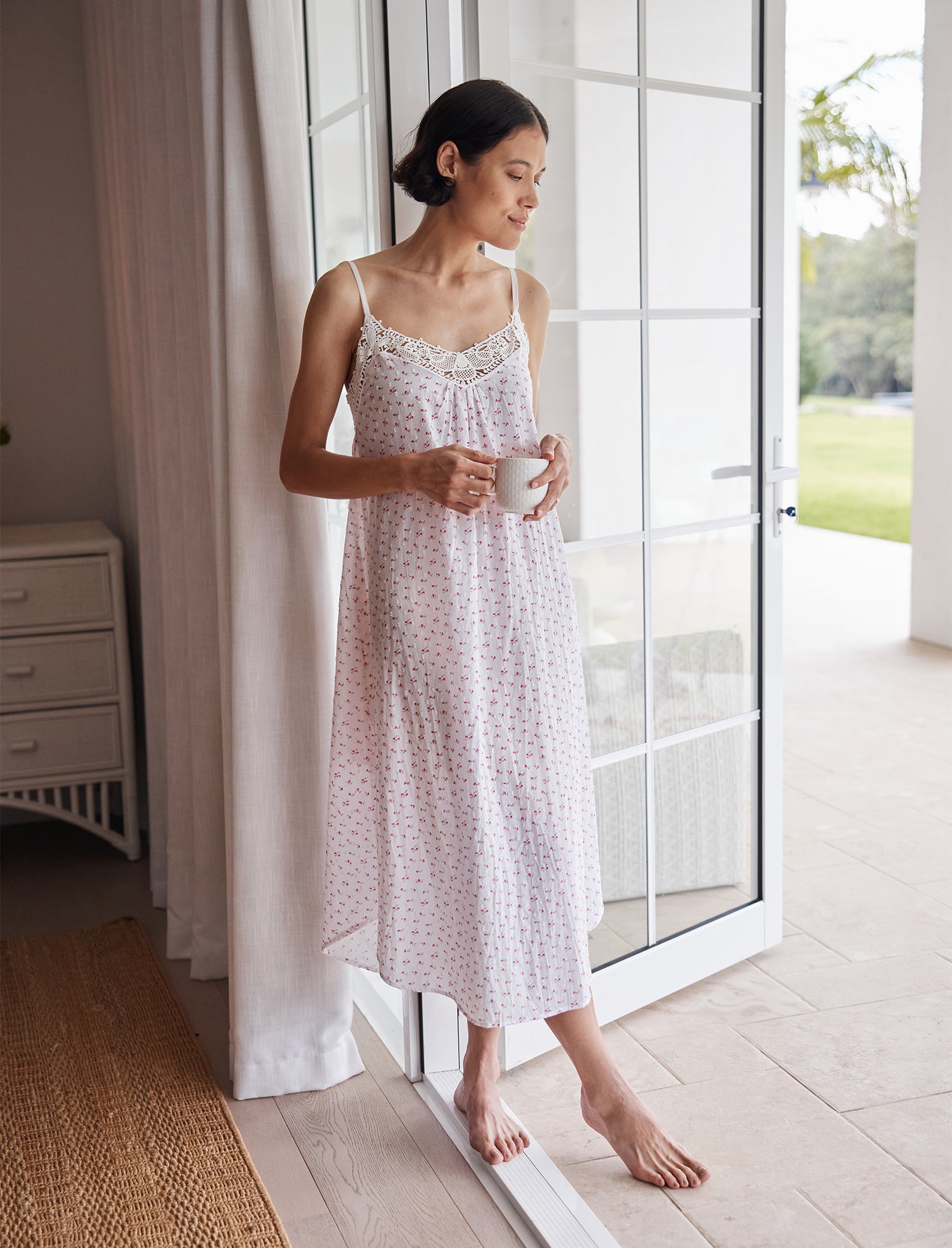 Swiss Dot Lace Front Maxi Nightgown