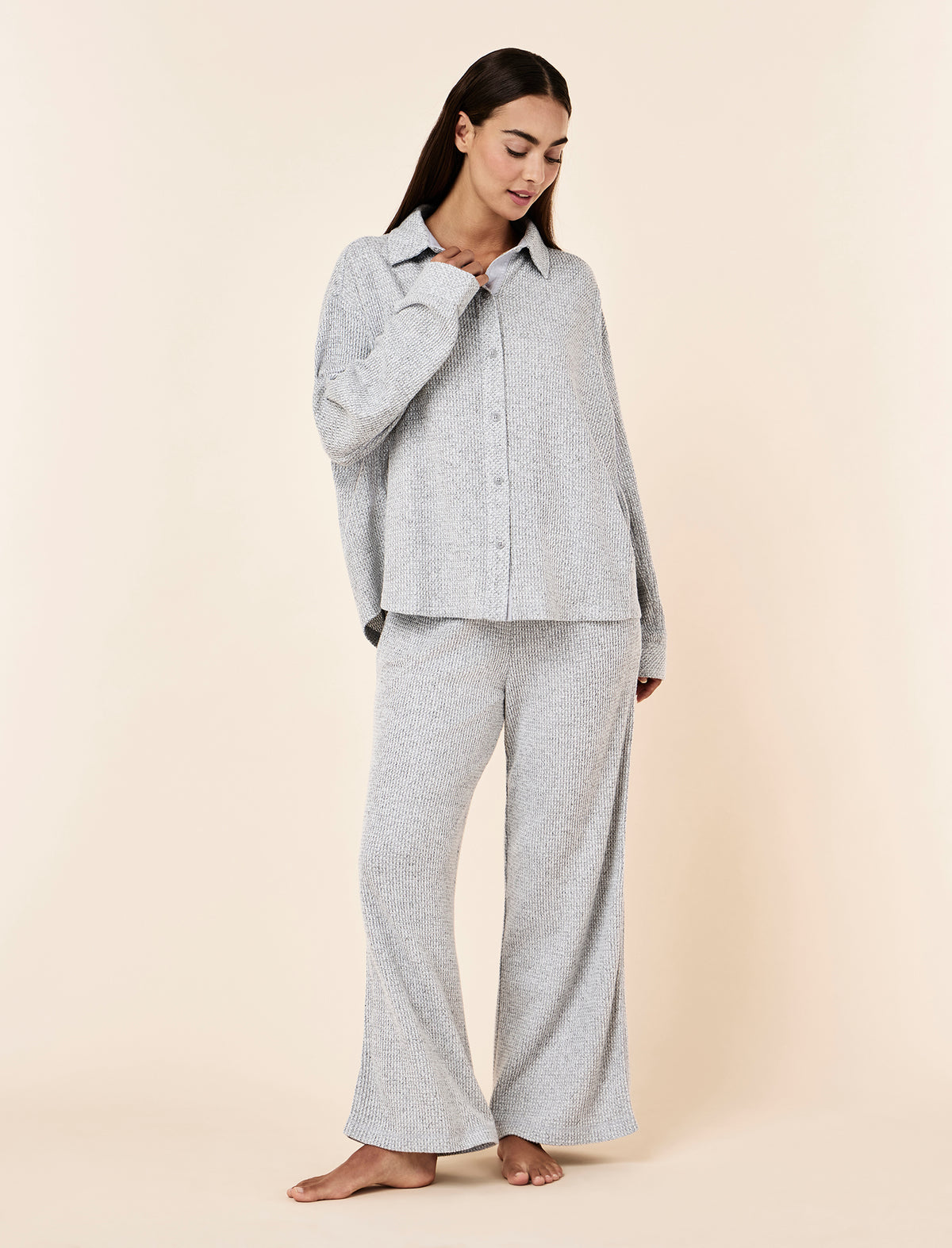 Tash wearing the Super Soft Waffle Full Length PJ Set
[model: Tash wears size S |  Height: 173m
/ 5’8” | Bust: 81cm | Waist: 66cm| Hips: 94cm]