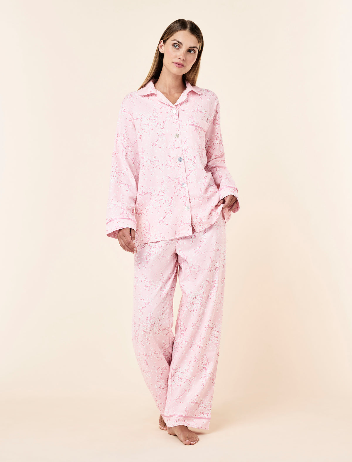 Lilly wearing the Cheri Blossom Cosy Full Length PJ Set
[model: Lilly wears size S |  Height: 170cm
/ 5’7” | Bust: 75cm | Waist: 58cm | Hips: 89cm]