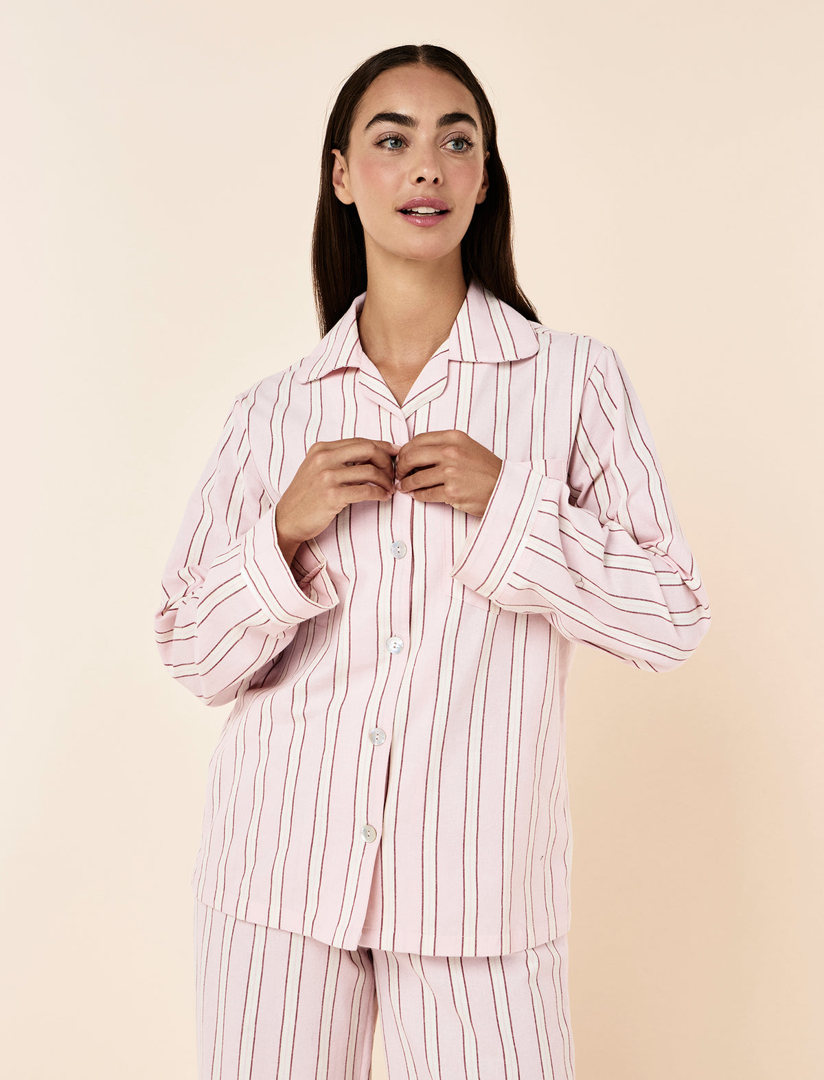 Tash wearing the Stripe Cosy Full Length PJ Set
[model: Tash wears size S |  Height: 173m
/ 5’8” | Bust: 81cm | Waist: 66cm| Hips: 94cm]
