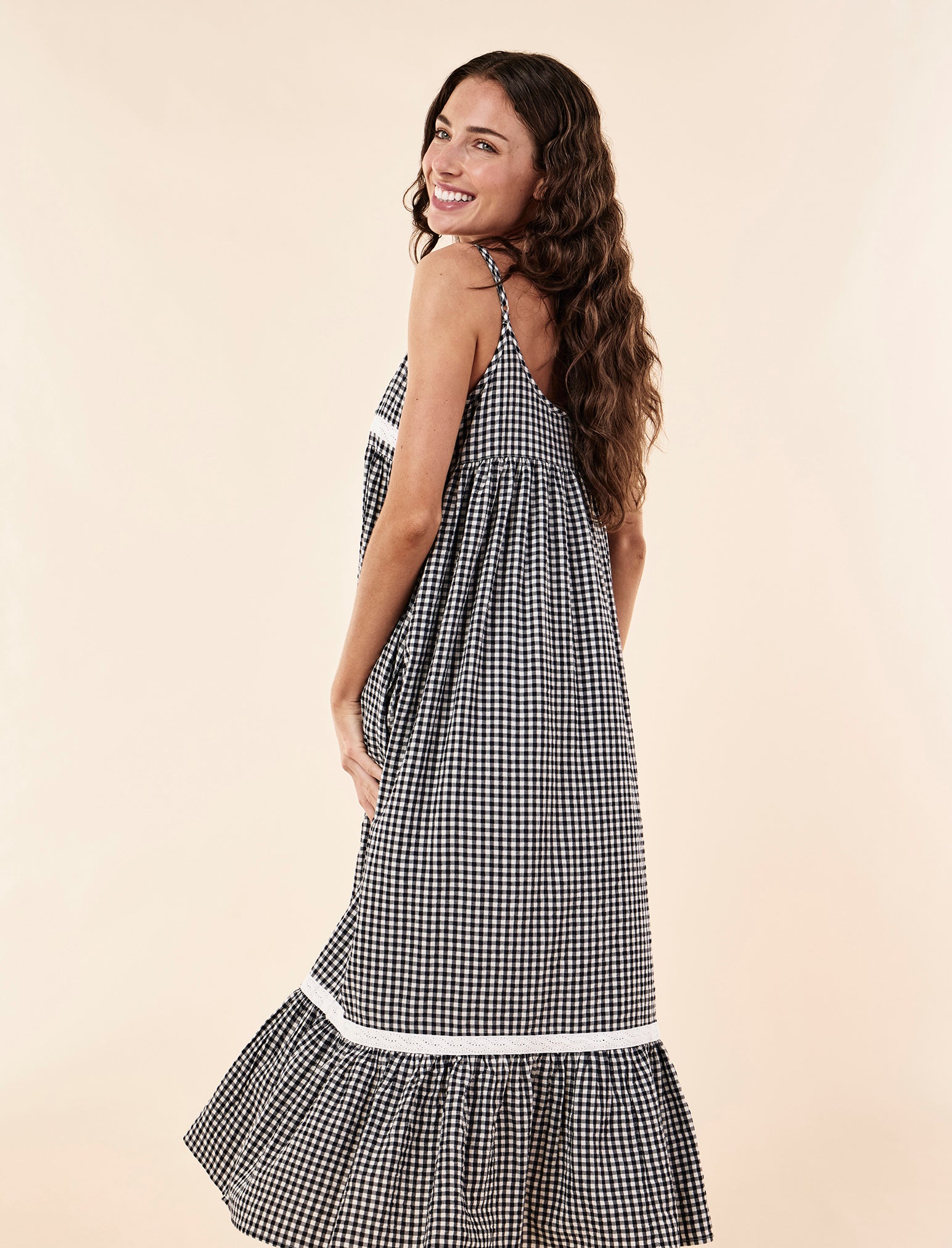 Seersucker Lace Insert Maxi Nightgown
